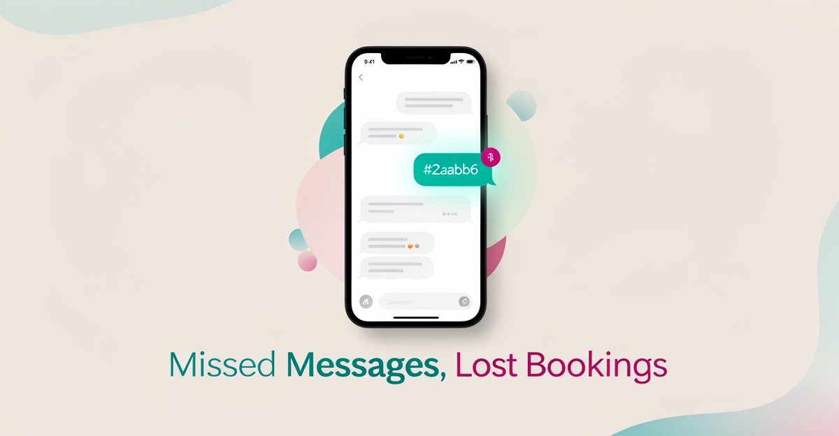 Flat illustration of a smartphone with unanswered chat bubbles in teal and magenta, symbolizing salon leads lost to missed messages.