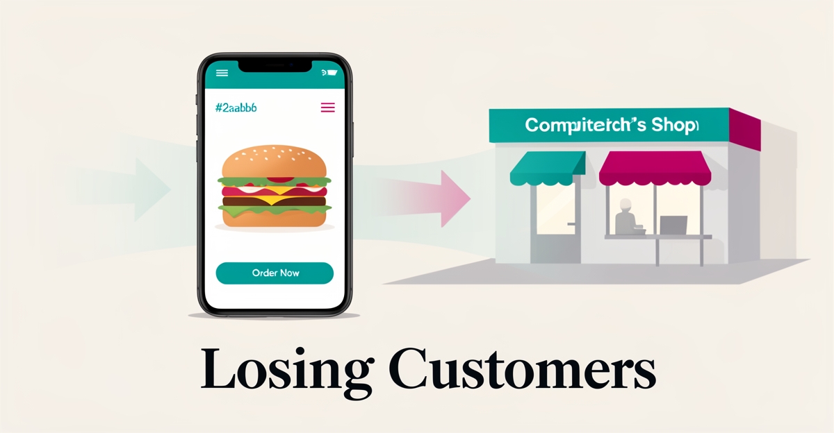 Flat illustration of a smartphone showing a sandwich shop website with an order button and customers drifting away, accented in teal and magenta.