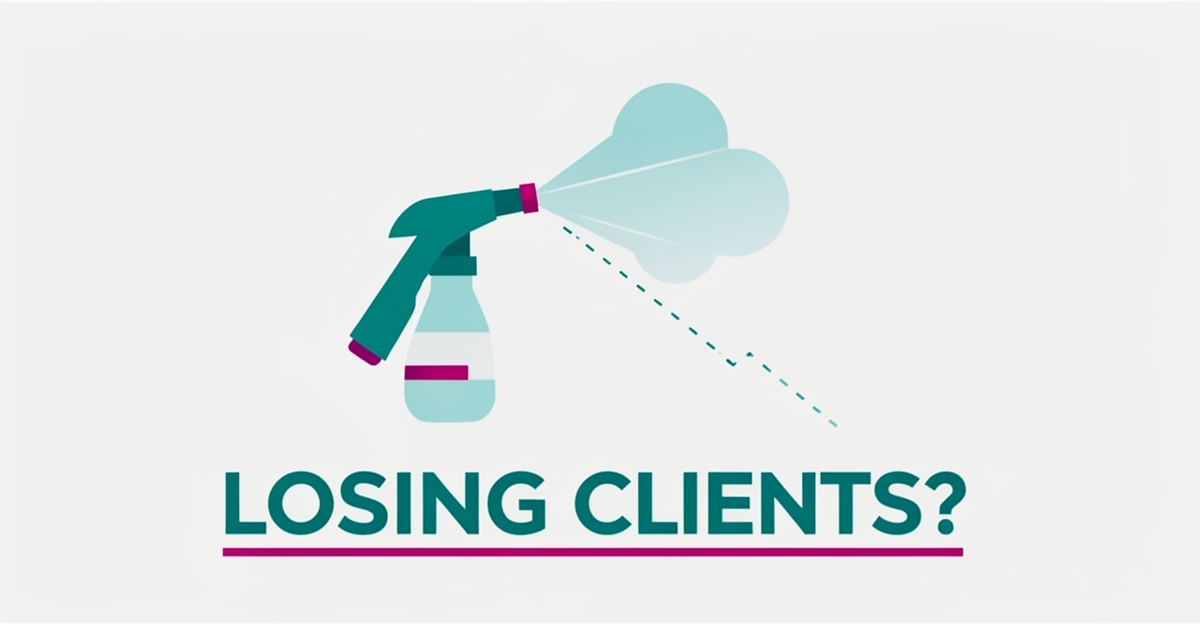 Flat illustration of a sanitization spray and declining client trend line with headline reading Losing Clients in teal and magenta brand colors.