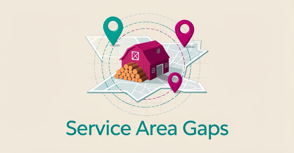 Flat illustration of a sawmill on a map with service area radius circles and location pins in teal and magenta.