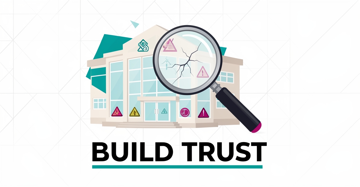 Flat illustration of a school building inspected by a magnifying glass revealing trust issues, accented in teal and magenta.