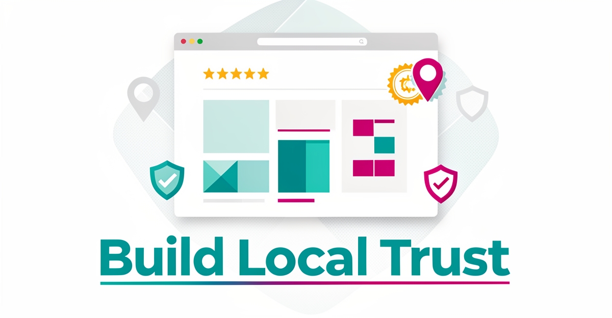 Flat illustration of a screen printing website with trust badges, review stars, and location pins in teal and magenta, headlined Build Local Trust.