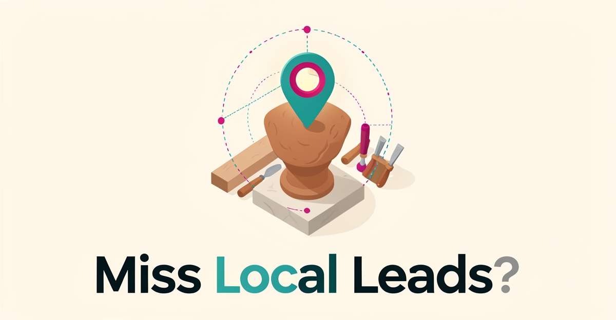 Flat illustration of a sculpture studio workspace with a location pin overlay symbolizing local lead capture, headline reading Miss Local Leads?