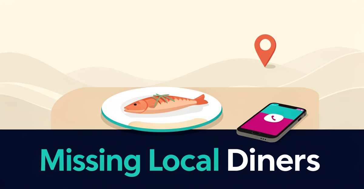 Flat illustration of a seafood dish beside a smartphone with missed call and location icons, accented in teal and magenta.