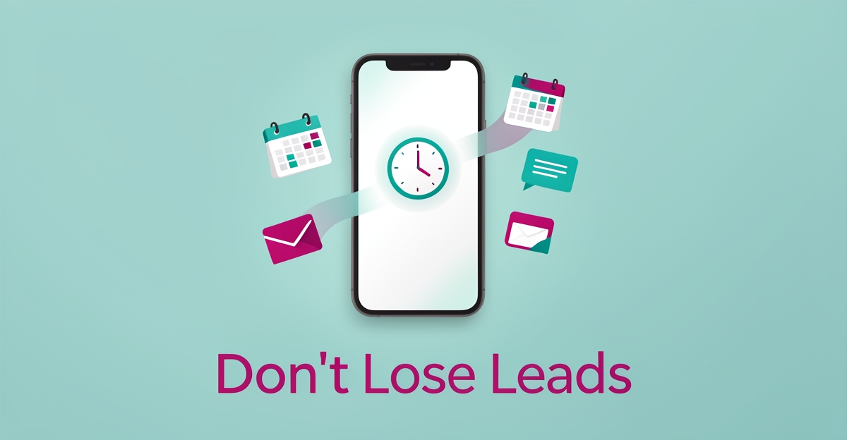 Flat illustration of a smartphone with missed appointment notifications and fading clock icons in teal and magenta, headline Don't Lose Leads.