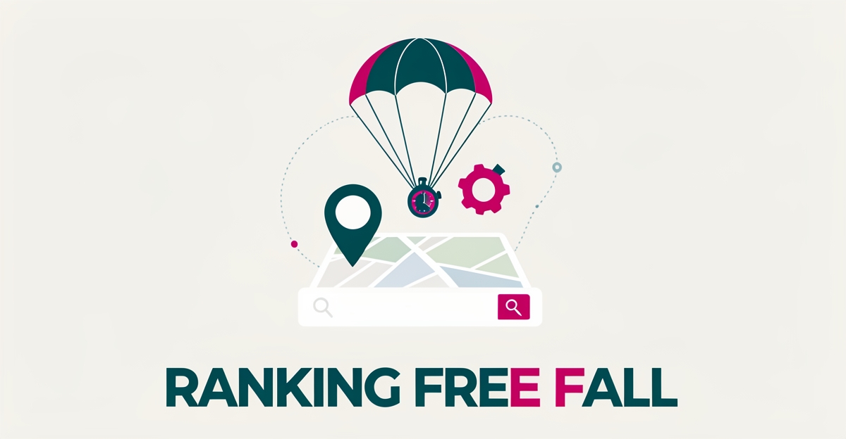 Flat illustration of a parachute floating above a map pin and search bar, symbolizing skydiving center local search rankings.