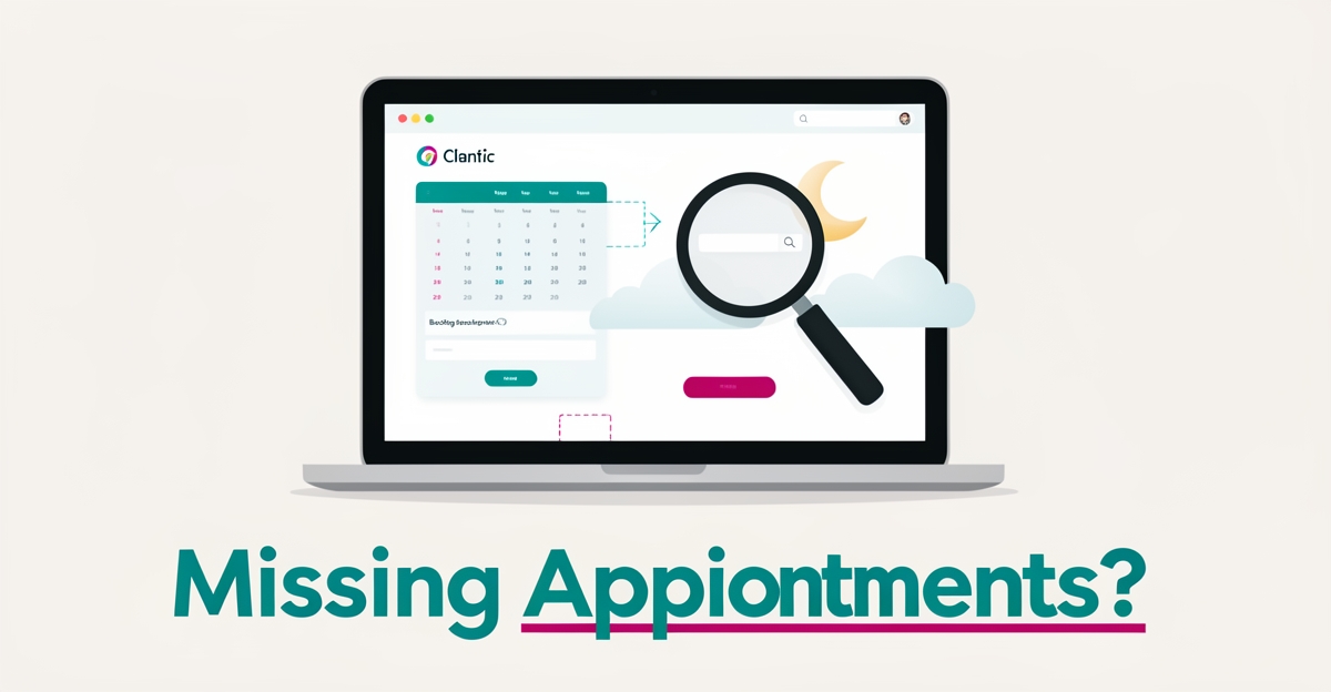 Flat illustration of a sleep clinic website on a laptop with a moon and broken booking elements, headline reading Missing Appointments.