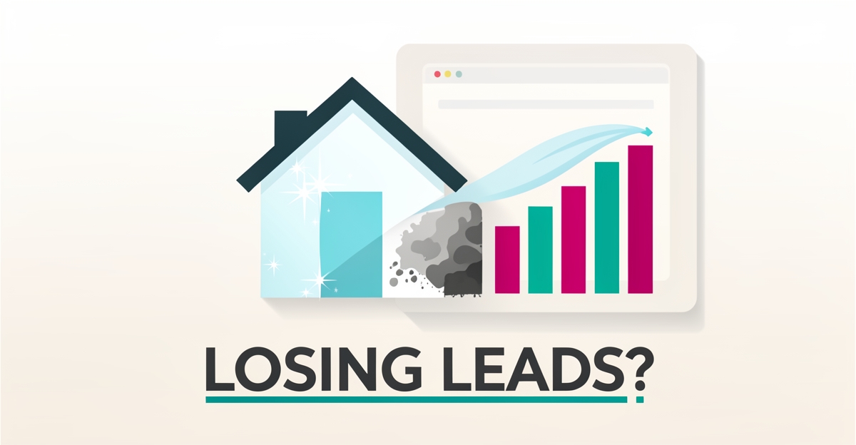 Flat illustration of a house being soft washed beside declining performance charts, symbolizing a website losing leads to competitors.