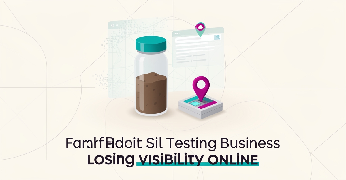Flat illustration of soil testing kit fading behind a translucent search map pin, symbolizing poor online visibility.