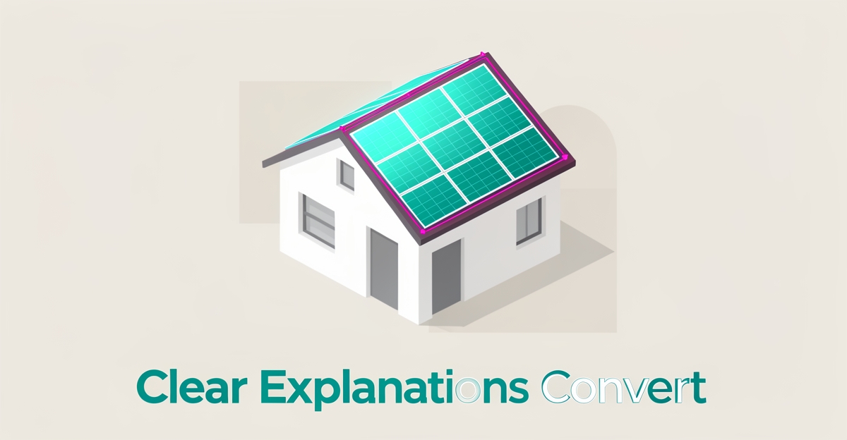 Flat illustration of a minimalist house with solar panels integrated into the roof, accented in teal and magenta, with a headline about clear explanations converting prospects.