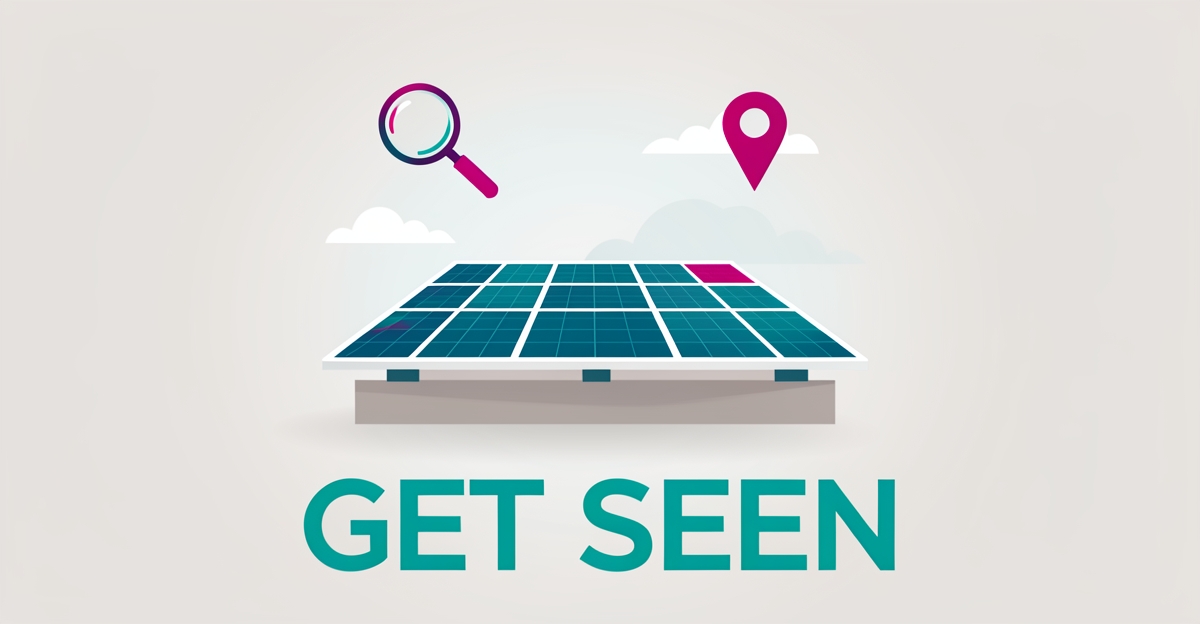 Flat illustration of rooftop solar panels with search and location icons, highlighting online visibility for solar cleaning businesses.