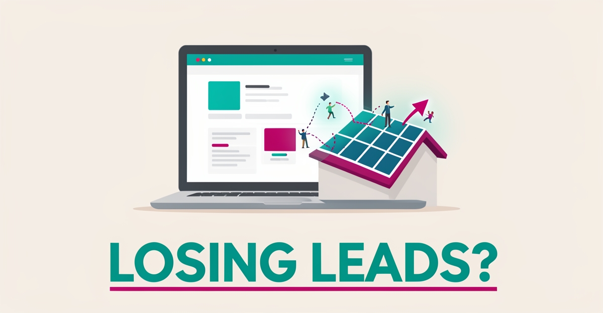 Flat illustration of a laptop website beside rooftop solar panels with arrows showing leads bouncing away, headlined Losing Leads?