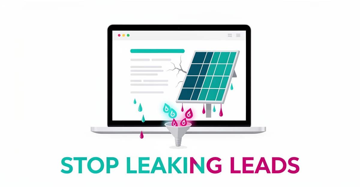 Flat illustration of a laptop with a solar website leaking glowing lead droplets into a funnel, accented in teal and magenta.