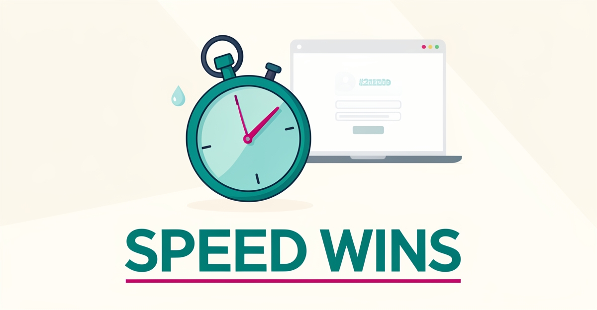 Flat illustration of a stopwatch beside a website contact form symbolizing fast response times winning tank cleaning customers.