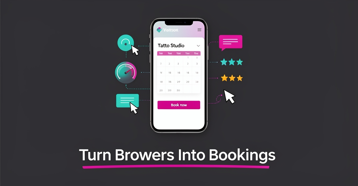 Flat illustration of a smartphone showing a tattoo studio booking page with speed, ratings, and click icons in teal and magenta accents.