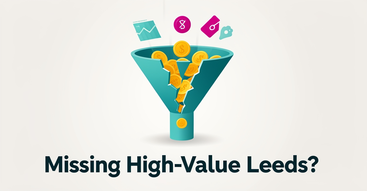 Flat illustration of a funnel with valuable leads slipping through gaps, symbolizing missed opportunities in tax resolution lead generation.