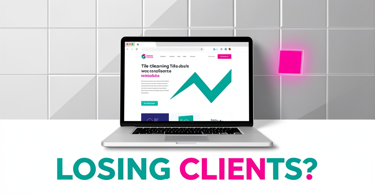 Flat illustration of a laptop showing a tile cleaning website with a declining analytics arrow and highlighted tiles, headlined 'Losing Clients?'