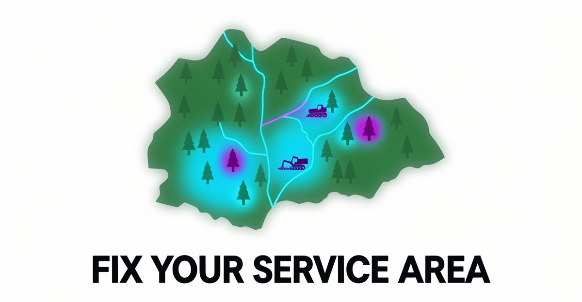 A minimalist flat illustration contrasting vague and clear service areas on a forested map, using brand colors to highlight verified zones that attract timber harvesting leads