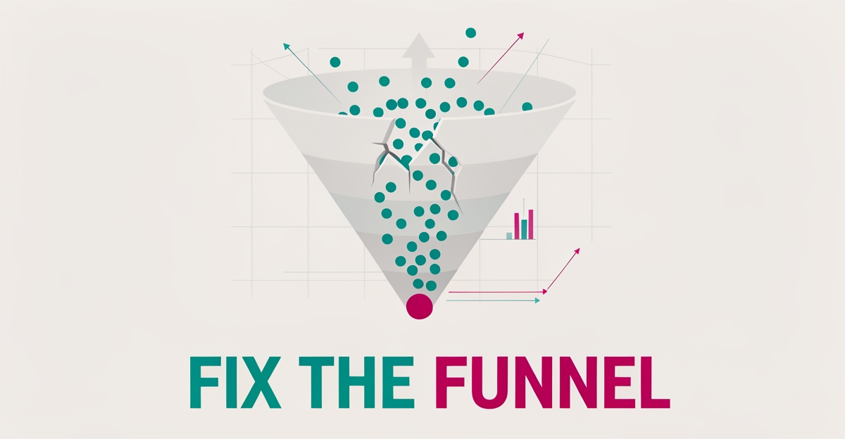 Flat illustration of a leaking website funnel losing visitor dots, with a magenta conversion point, headline reading Fix the Funnel.