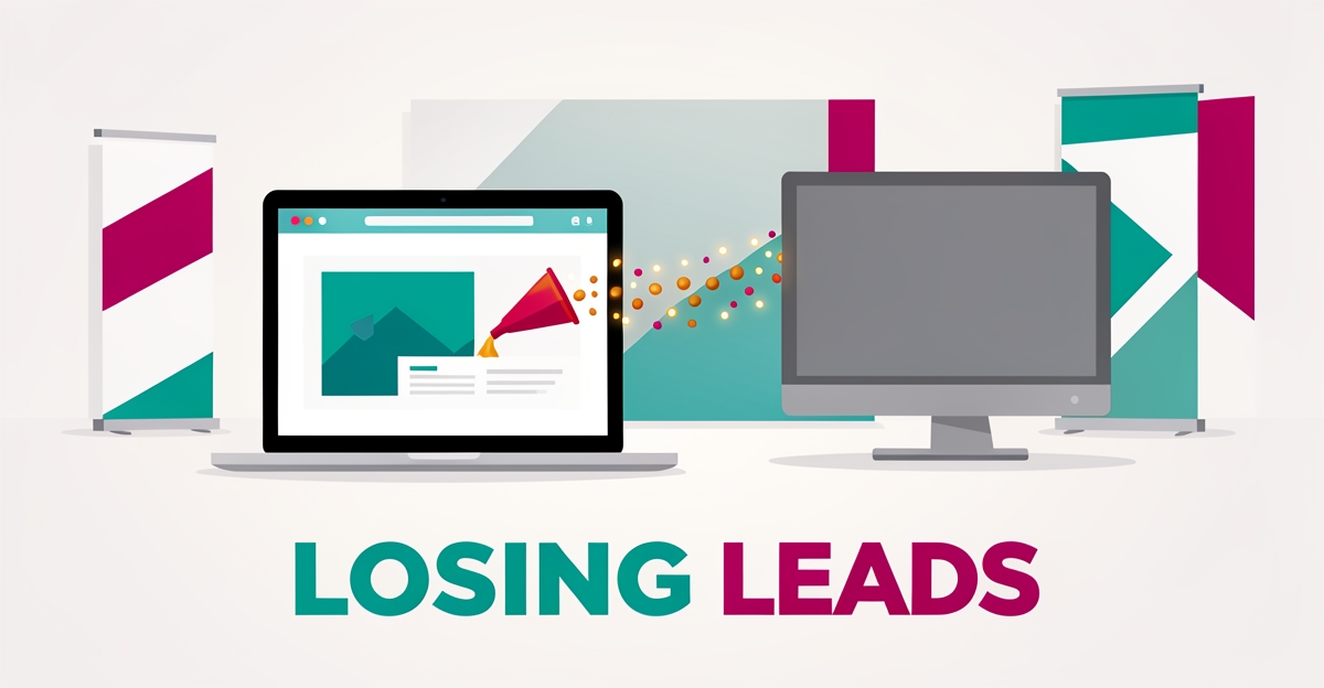 Flat illustration of a leaky website funnel draining leads toward a competitor's screen at a trade show, with headline 'Losing Leads'.