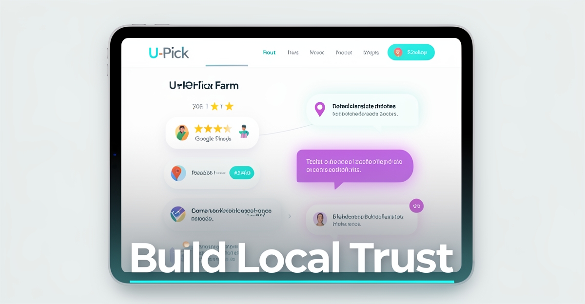 A minimalist tablet display showing a U-Pick farm website interface with glowing trust signal icons like reviews, maps, and testimonials, accented in brand colors, with the headline 'Build Local Trust' in the lower third