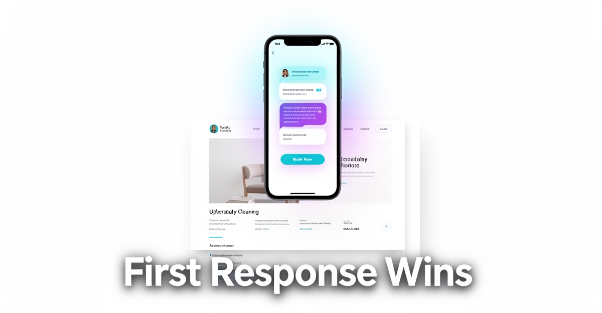 A minimalist flat illustration of a smartphone with AI chatbot and booking button over a clean website mockup, using brand colors as accents, with the headline 'First Response Wins' in the lower third.