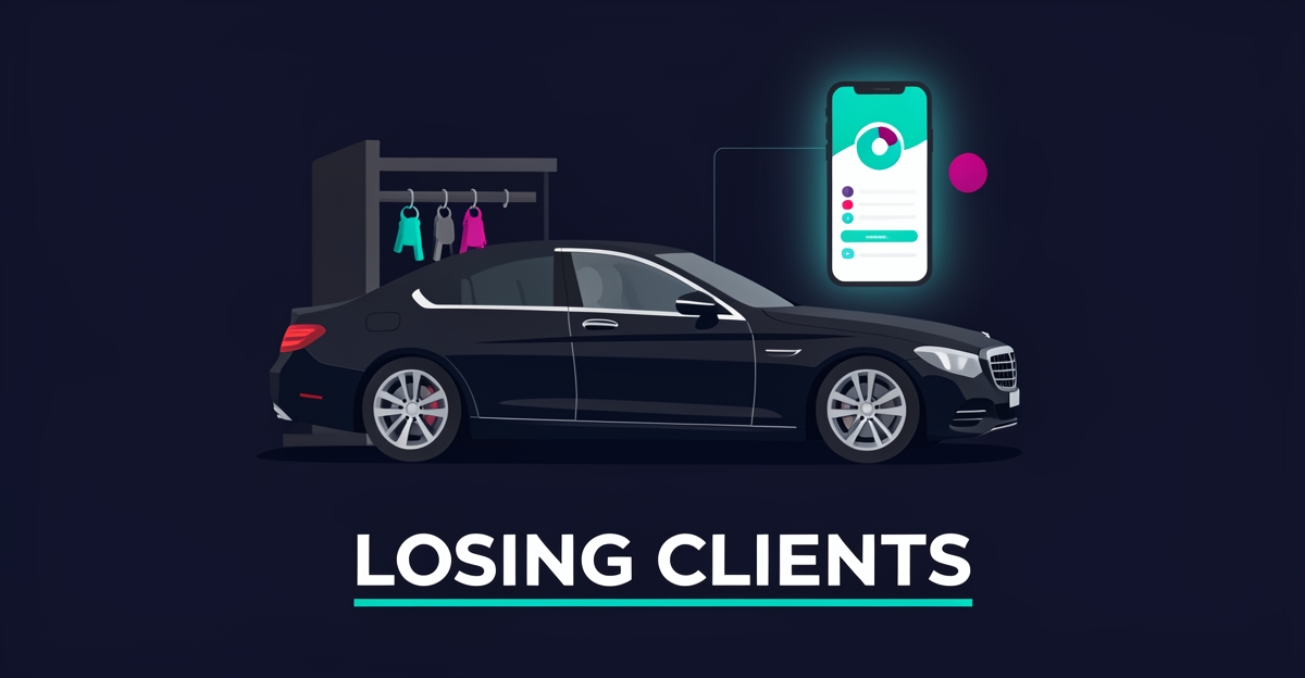 Flat illustration of a luxury car at a valet podium with a glowing smartphone booking screen, accented in teal and magenta, with headline Losing Clients.