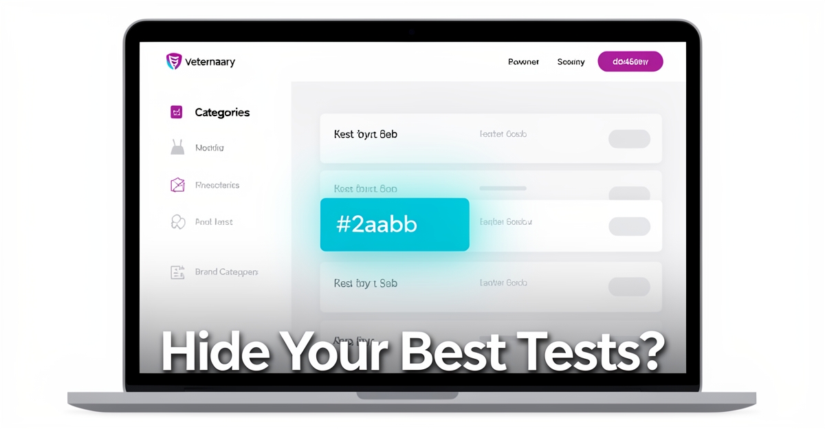 A clean modern flat illustration of a veterinary lab website interface with one test highlighted in brand colors, suggesting poor visibility of key services, overlaid with the headline 'Hide Your Best Tests?' in the lower third.