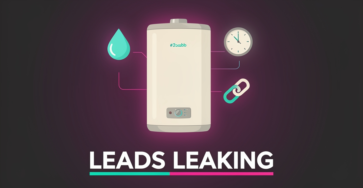 Flat illustration of a water heater with droplet and clock icons symbolizing leaking leads, accented in teal and magenta.