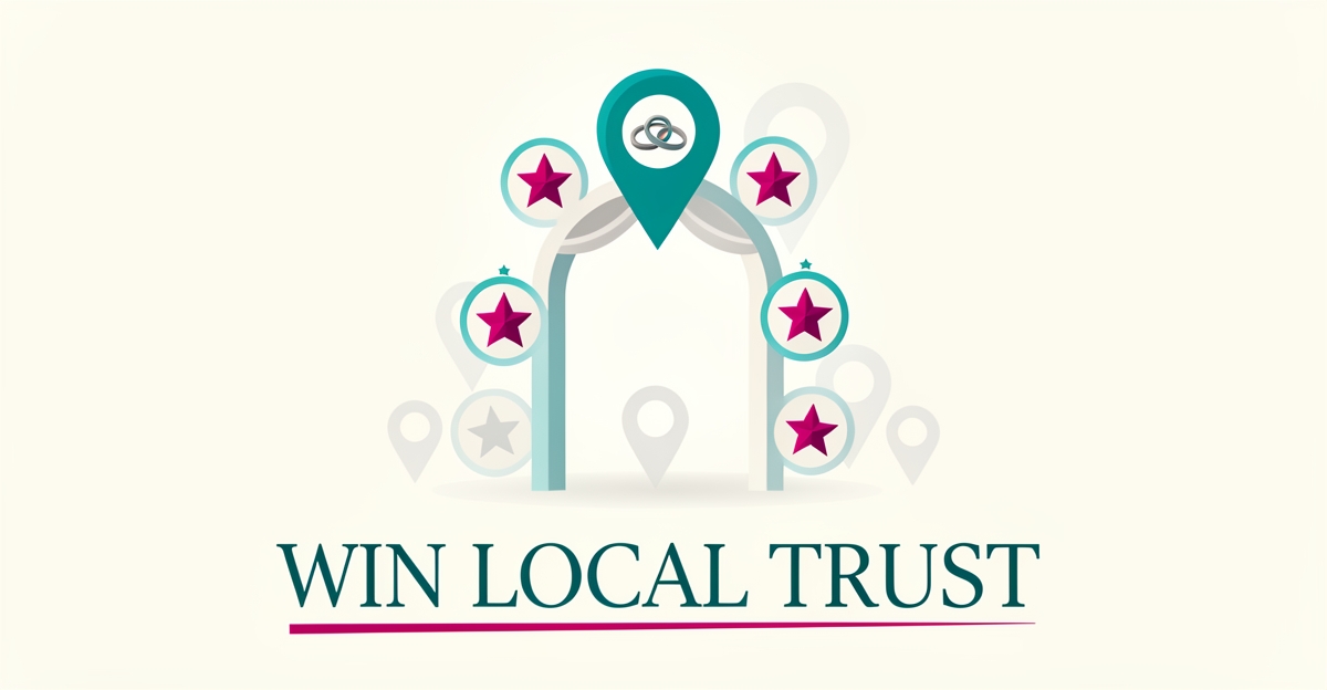 Flat illustration of a wedding venue with map pin and five-star review badges, headlined Win Local Trust.