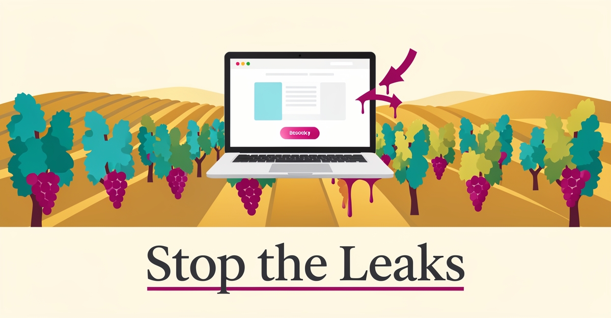 Flat illustration of a vineyard with a laptop showing a leaking booking funnel, symbolizing winery website conversion problems.