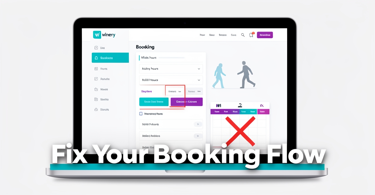 Modern flat illustration of a winery website with poor booking UX, highlighting lost conversions, using brand colors #2aabb6 and #d946ef as accent highlights.