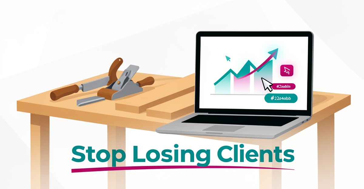 Flat illustration of woodworking tools beside a laptop showing rising conversion graphs, accented in teal and magenta with headline text.