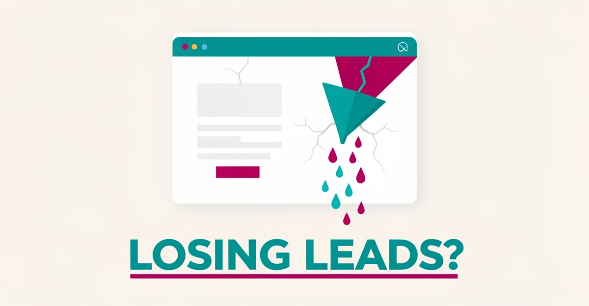 Flat illustration of a cracked website quote form leaking leads, with headline 'Losing Leads?' in teal and magenta.