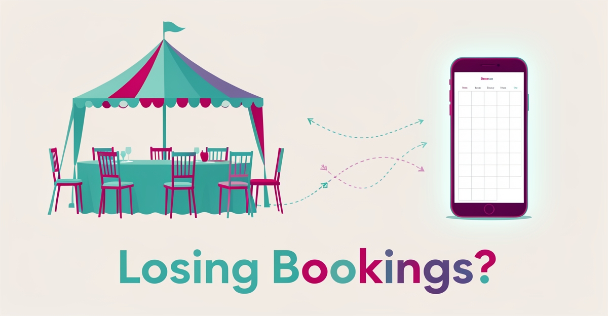 Flat illustration of an event rental setup with arrows drifting toward a smartphone showing an empty calendar, headline reading Losing Bookings.