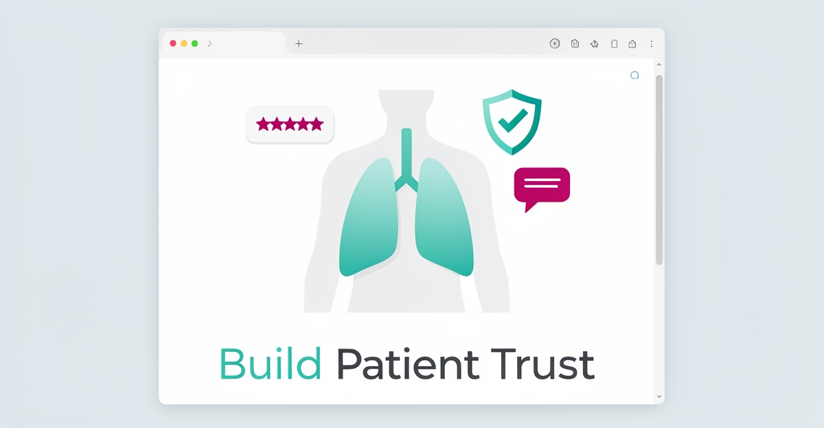 Flat illustration of stylized lungs with trust icons like stars and a shield inside a website frame, teal and magenta accents.