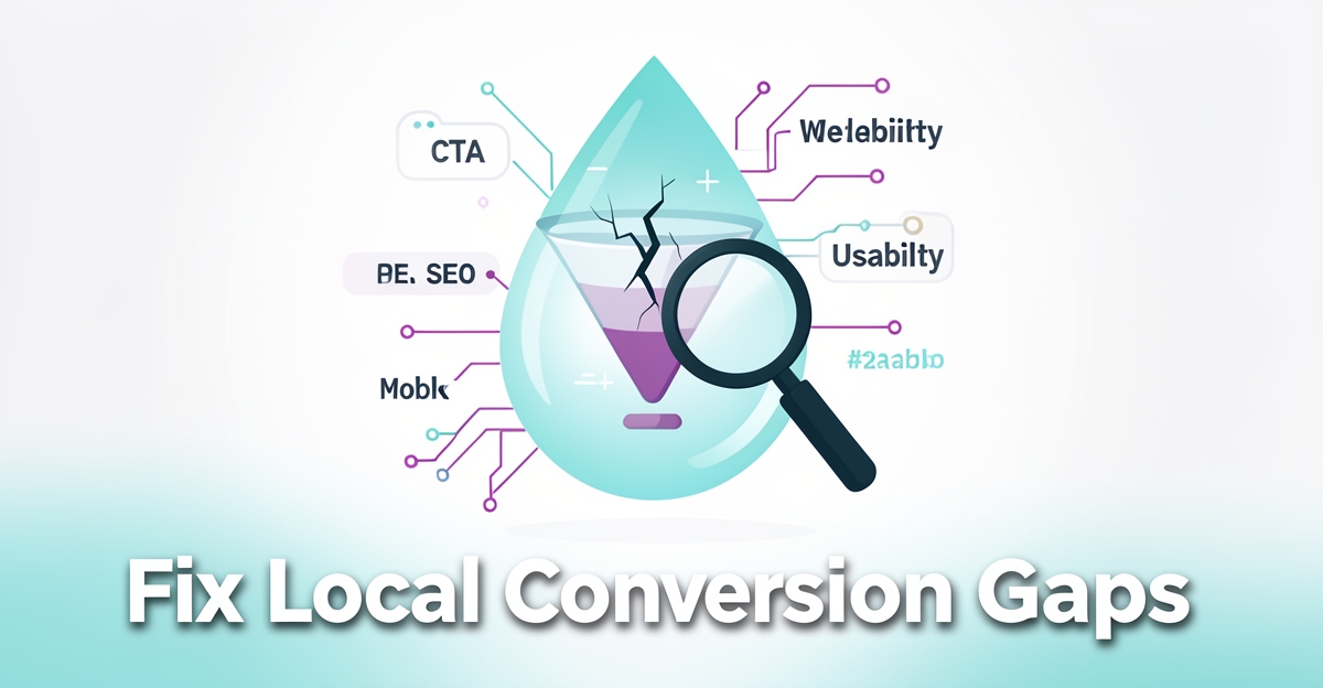 Modern flat illustration of a water droplet with digital interface highlighting weak conversion points like CTA, SEO, and mobile usability, with brand-colored accents and headline 'Fix Local Conversion Gaps'.