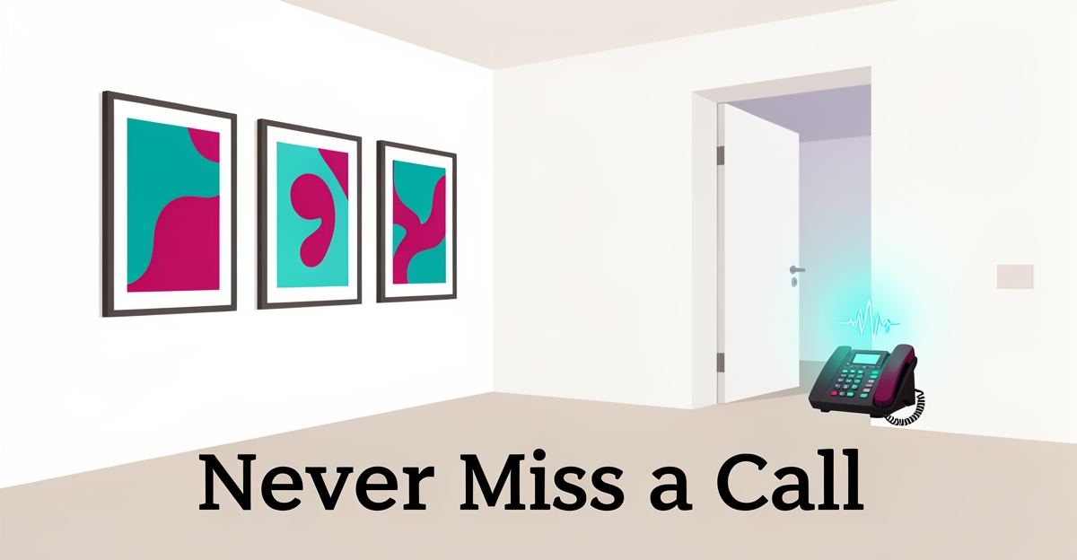 Flat illustration of a modern art gallery with a phone answered by glowing AI soundwaves, accented in teal and magenta.