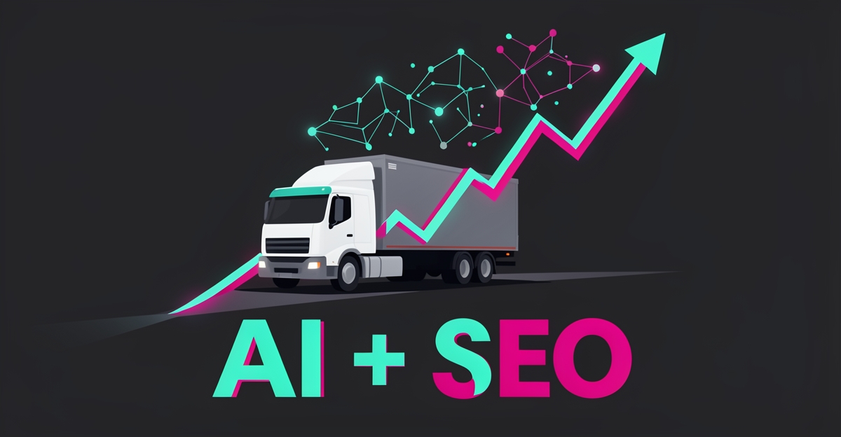 Flat illustration of a semi truck driving up an SEO analytics graph with AI circuit accents in teal and magenta.