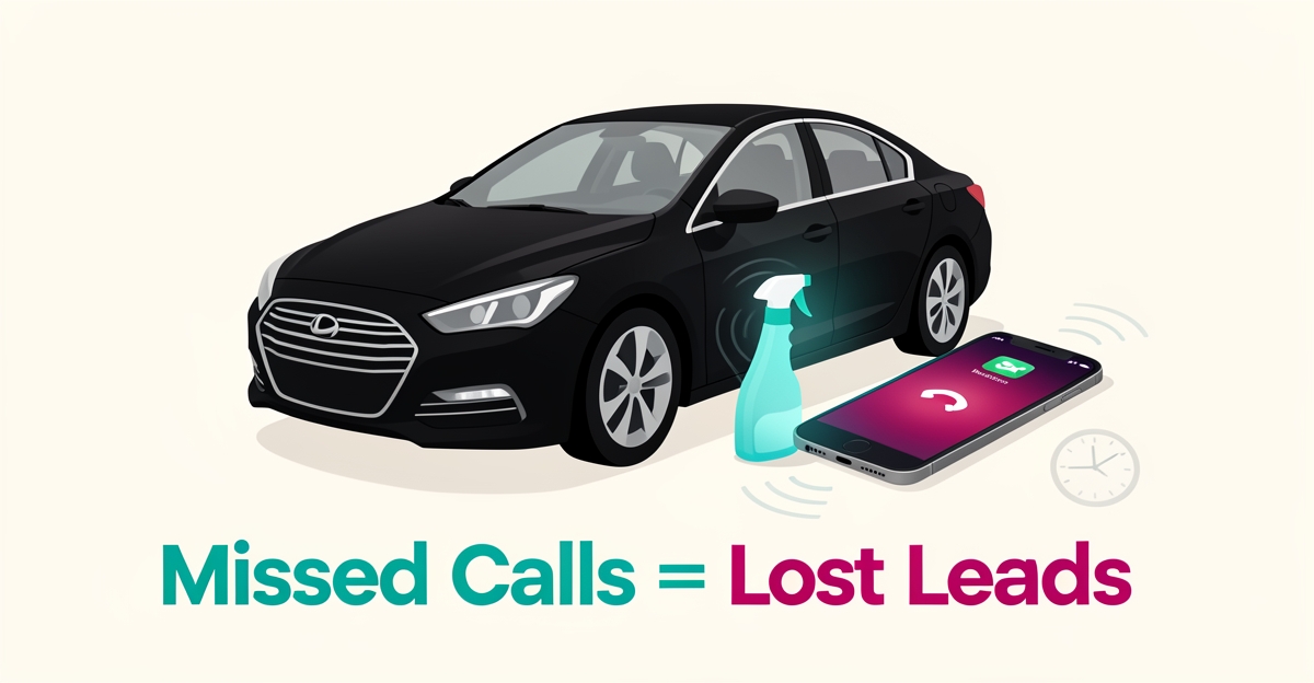 Flat illustration of a car detailing scene beside a smartphone showing a missed call, symbolizing lost leads for auto detailers.