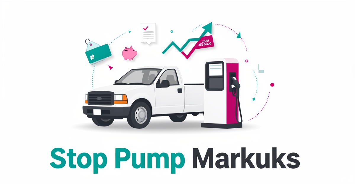 Flat illustration of a contractor work truck at a fuel pump with a fuel card and falling cost icons, accented in teal and magenta.