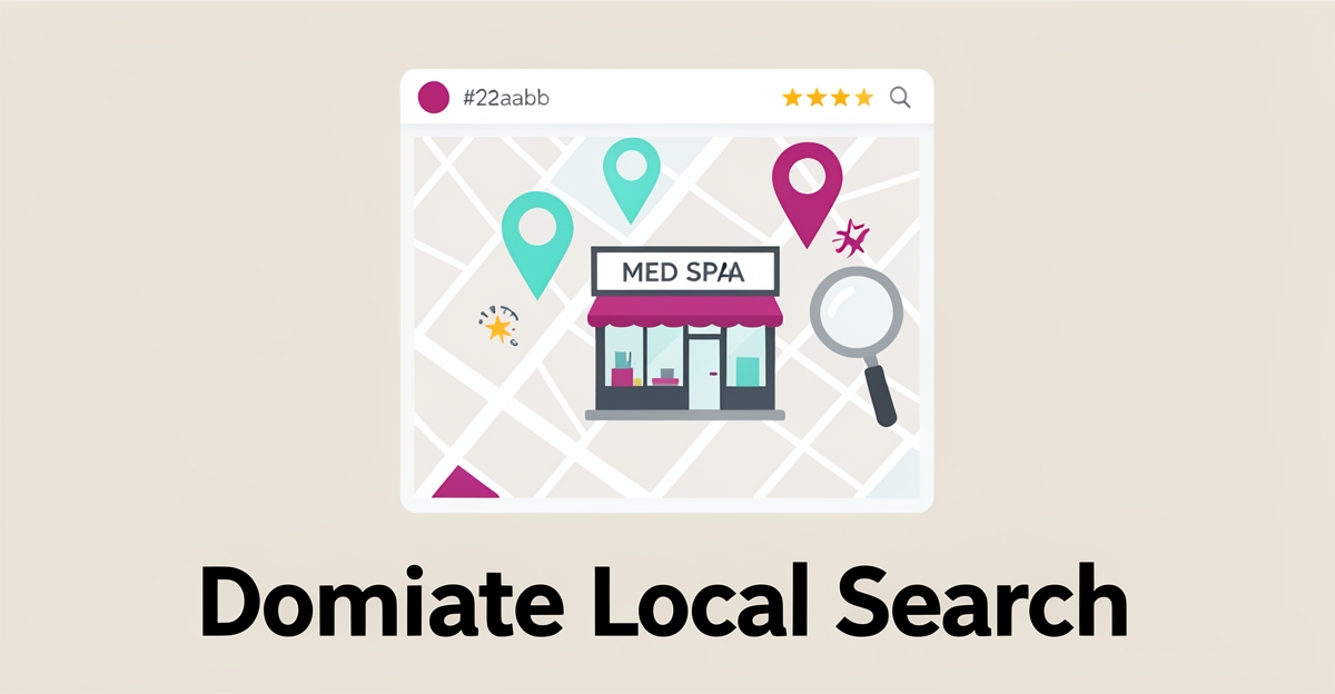 Flat illustration of a med spa location on a city map with search icons, highlighting hyper-local SEO strategies for local business visibility.