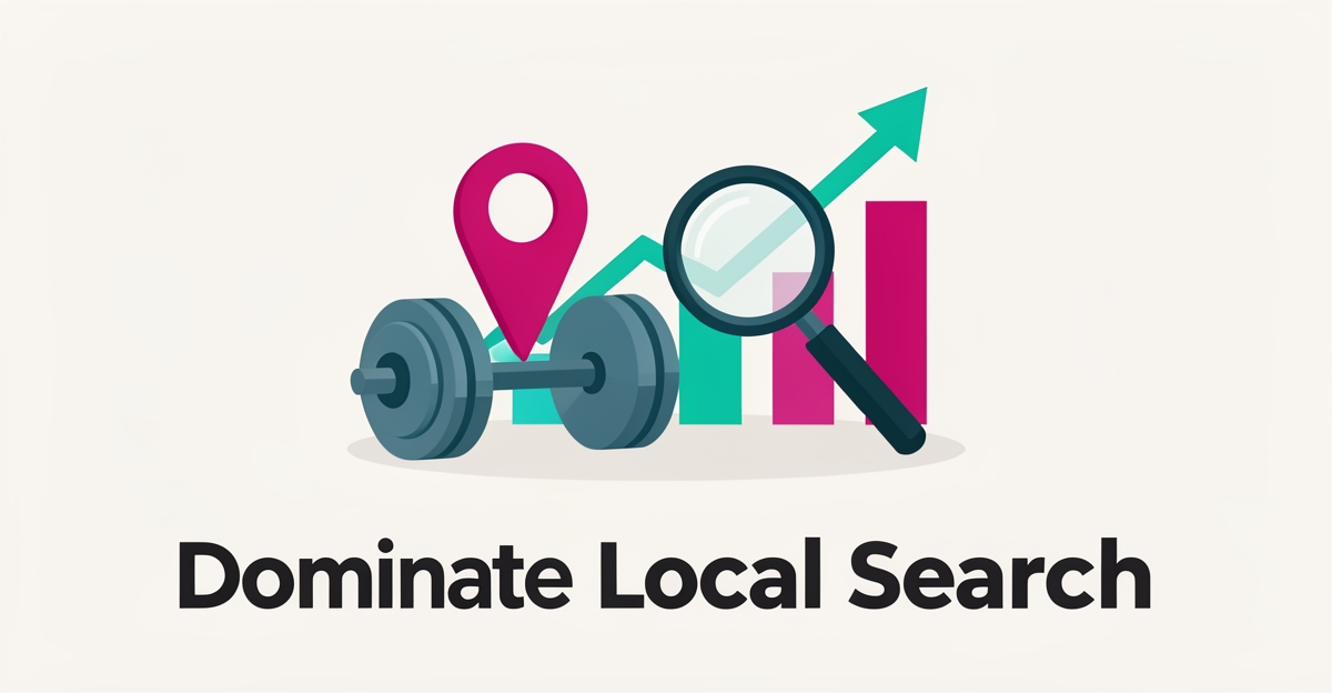 Flat illustration of a dumbbell, location pin, and rising search ranking bars in teal and magenta, symbolizing local SEO success for training studios.