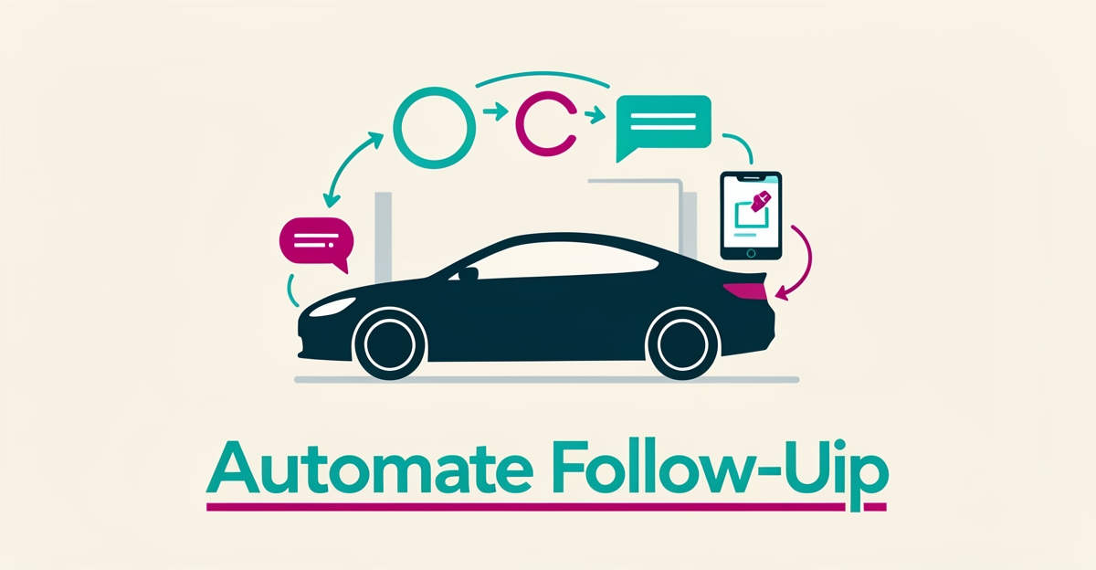 Flat illustration of a car in a repair bay surrounded by automated workflow icons in teal and magenta, with headline reading Automate Follow-Up.