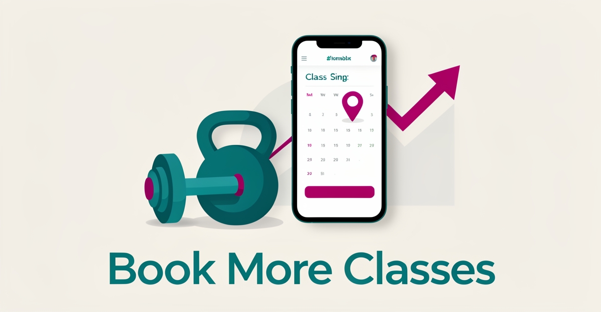 Flat illustration of a smartphone booking a CrossFit class with a map pin and dumbbell, symbolizing local SEO for gyms.