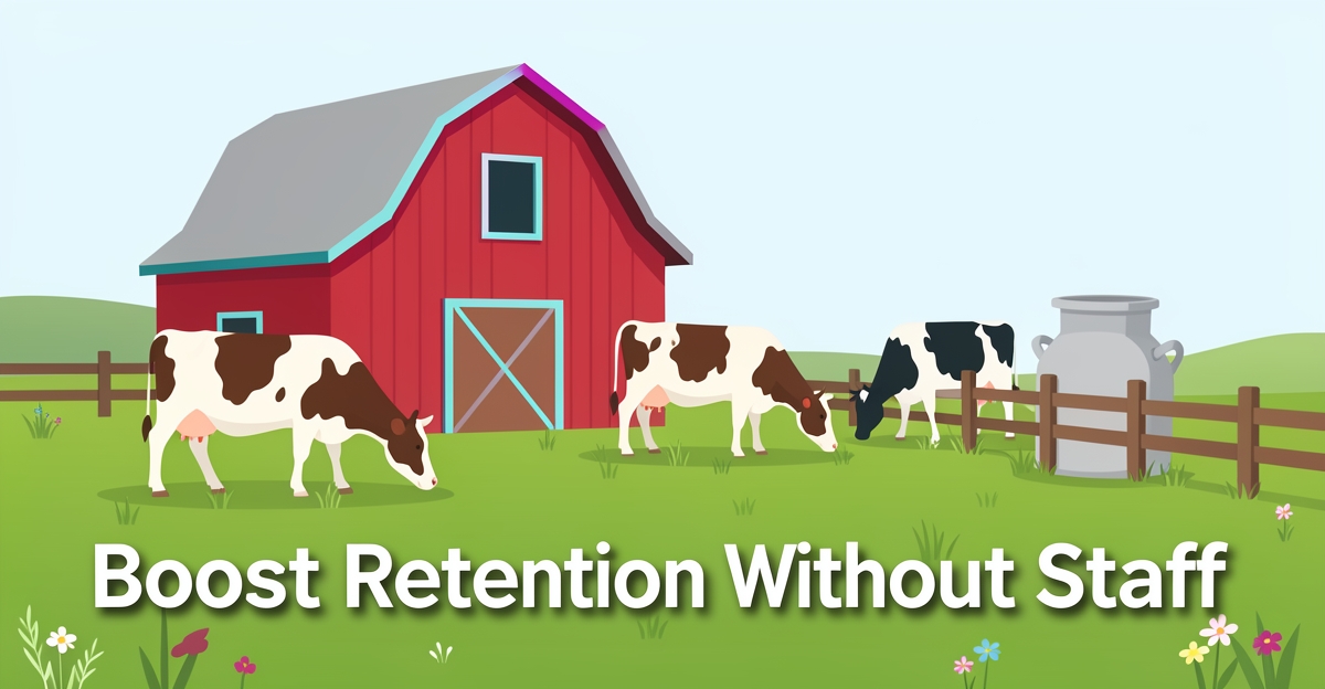 A minimalist flat illustration of a small dairy farm with a red barn, cows in pasture, and brand-colored accents, featuring the headline 'Boost Retention Without Staff' in the lower third