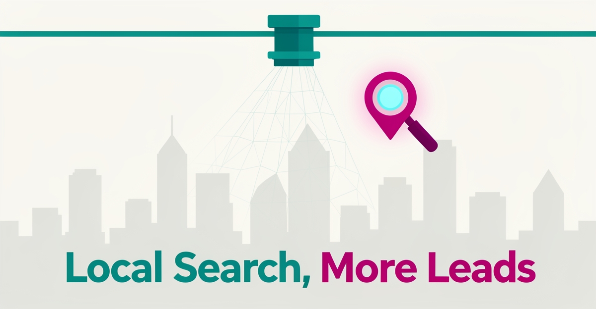 Flat illustration of a fire sprinkler head with a location map pin and search icon, symbolizing converting local search leads.