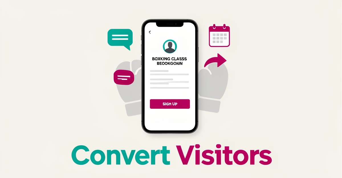 Flat illustration of a smartphone showing a boxing class booking page with conversion icons in teal and magenta.