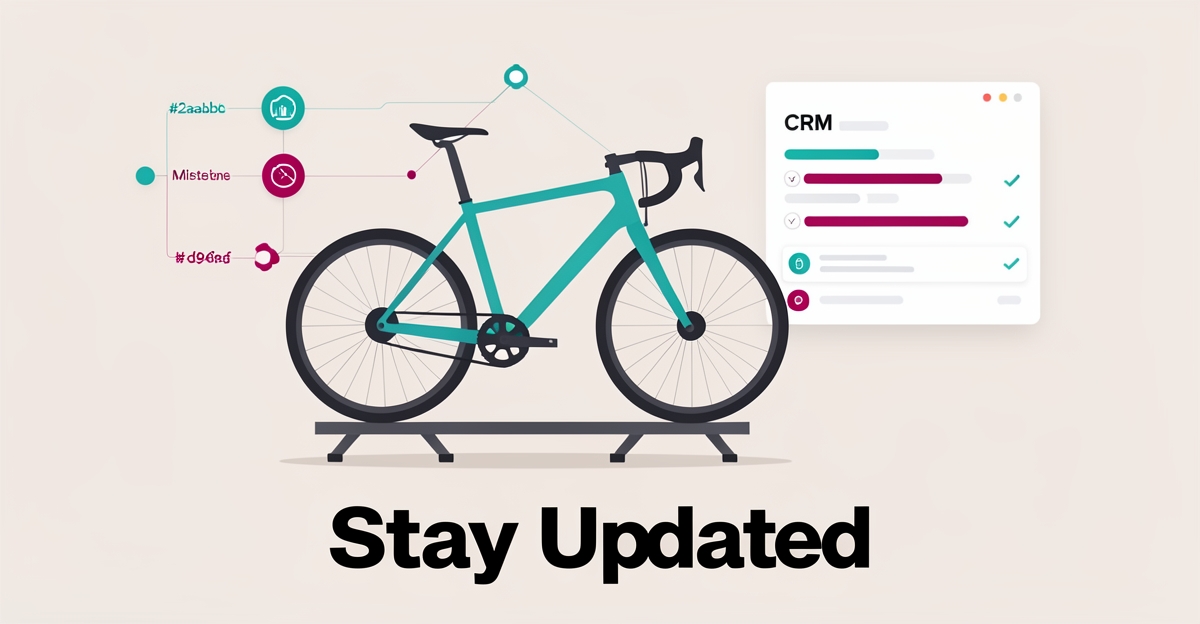 Flat illustration of a bike frame on a build stand with CRM milestone timeline nodes in teal and magenta, headline reading Stay Updated.