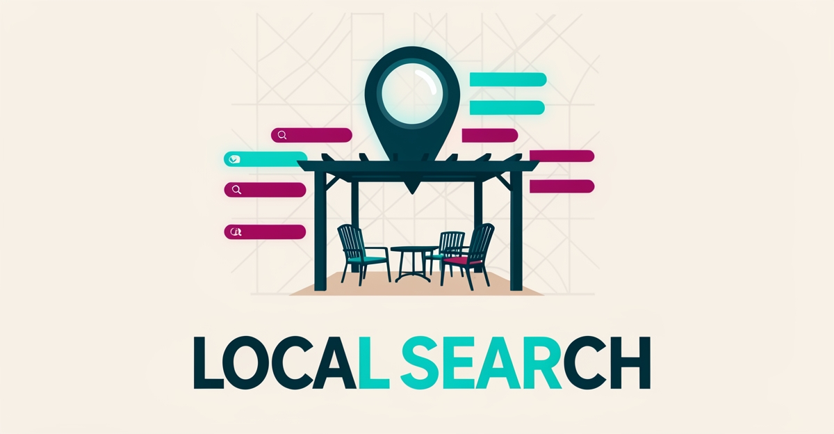 Flat illustration of a patio with a map pin and search ranking bars symbolizing local search visibility for patio builders.